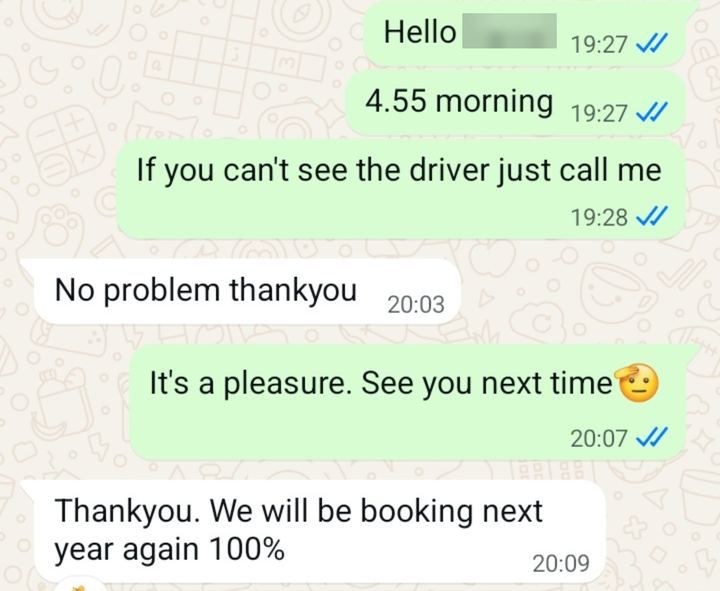 WhatsApp conversation with a Belek Golf Shuttle guest