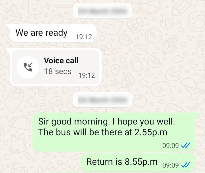 WhatsApp conversation with a Belek Golf Shuttle guest