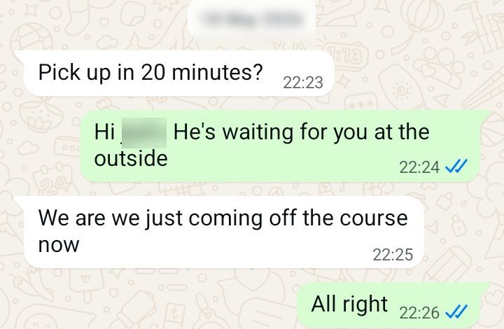 WhatsApp conversation with a Belek Golf Shuttle guest